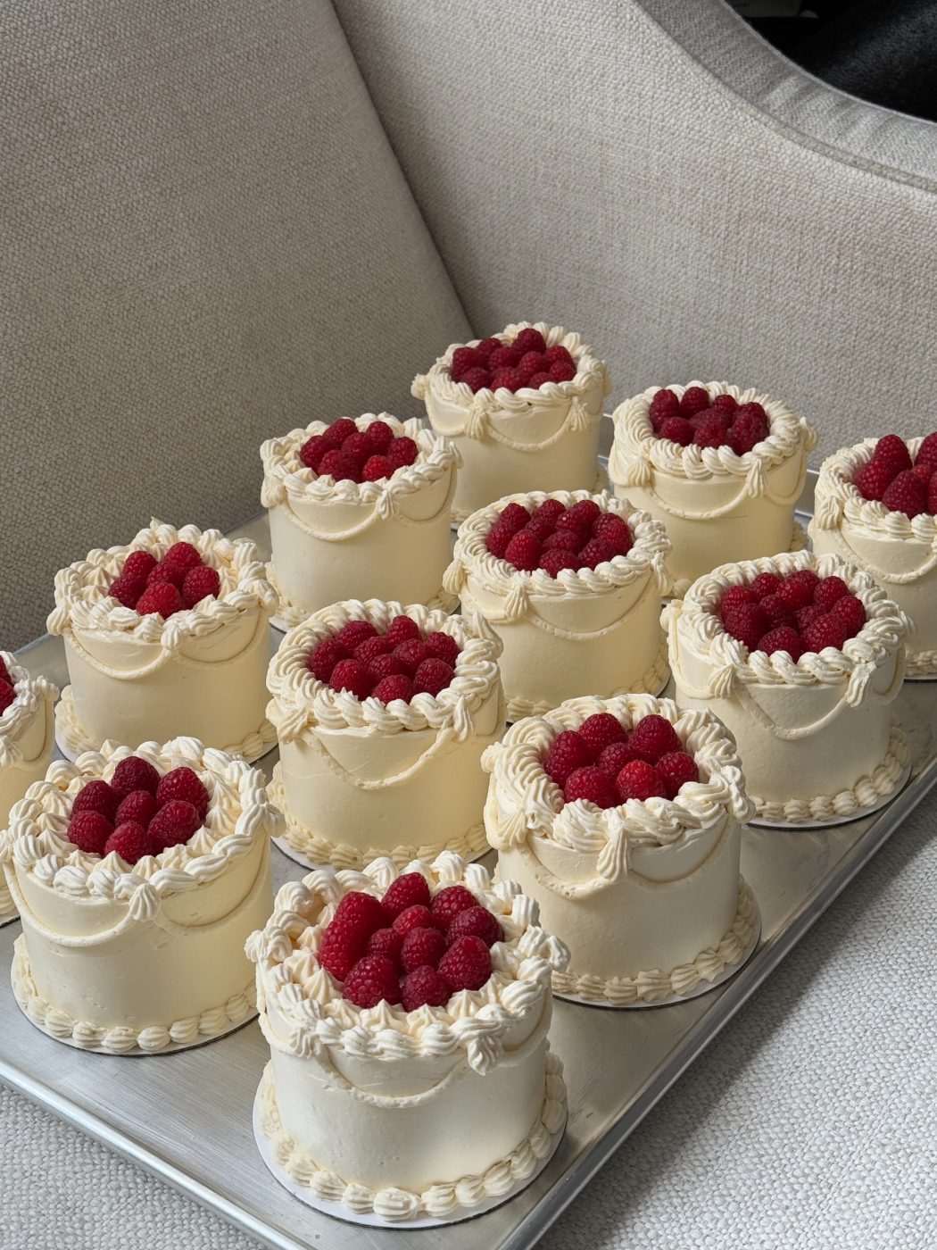 Vintage piped mini cakes with raspberries